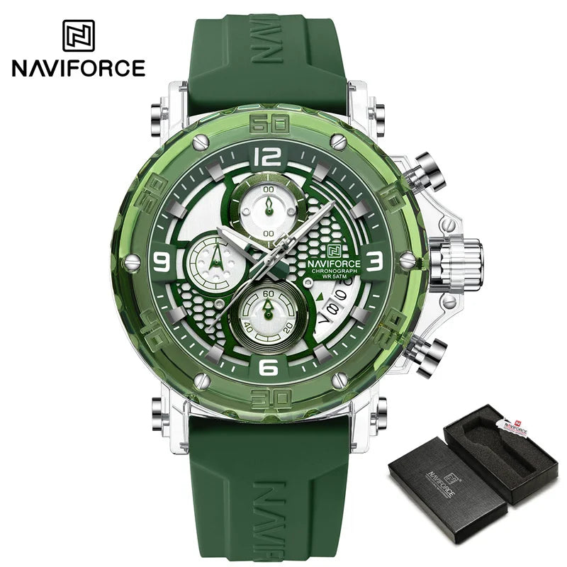 ساعة NAVIFORCE للرجال كوارتز عصرية مقاومة للماء حتى 5ATM ساعات رجالية كرونوغراف عقارب مضيئة حزام سيليكون خفيف الوزن