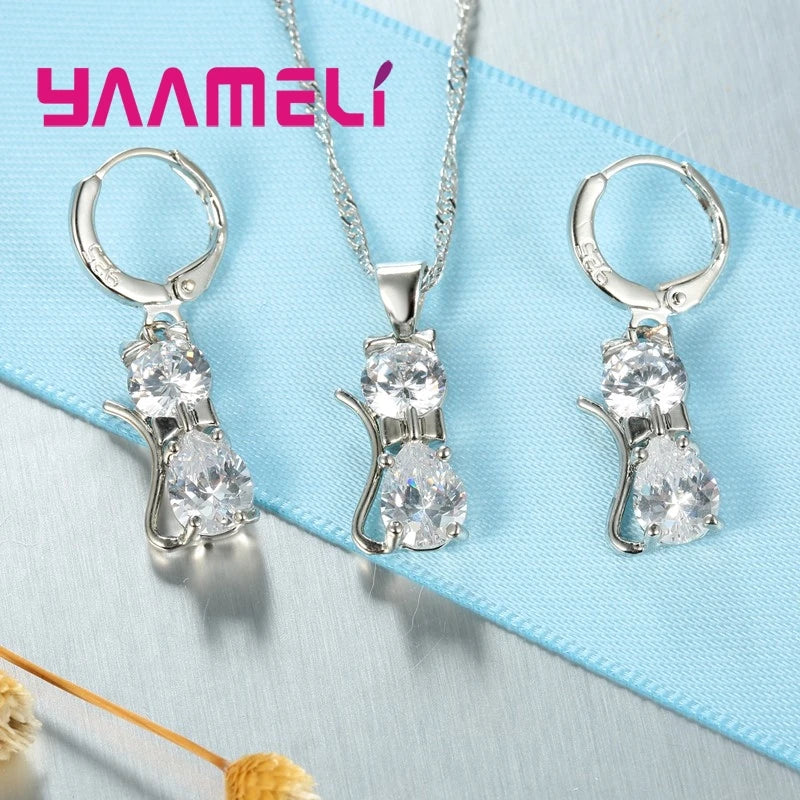 Jewelry Set - 925 Silver Cat Pendant Necklace Huggie Earring Set