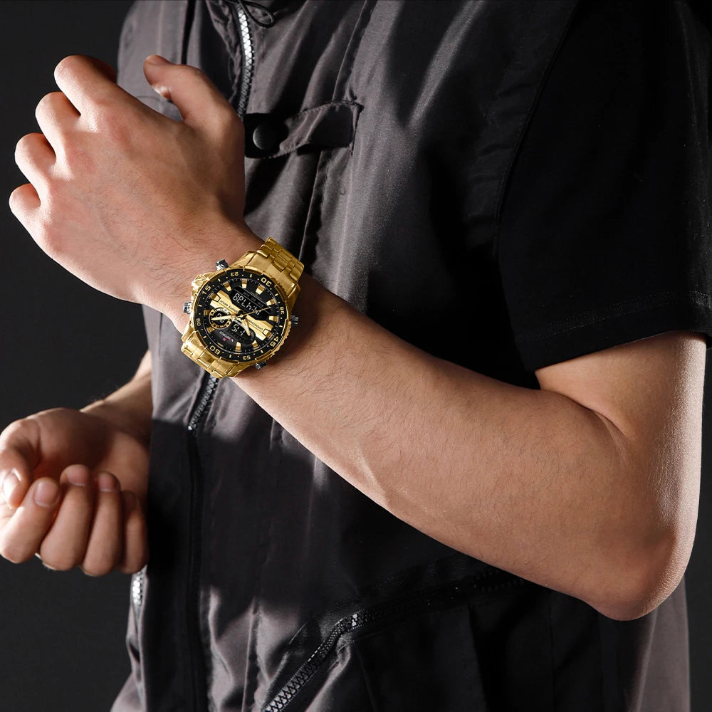 ساعة NAVIFORCE الرياضية الفاخرة للرجال مقاومة للماء وحركة كوارتز كرونوغراف وسوار فولاذي وعرض التاريخ والأسبوع الرقمي