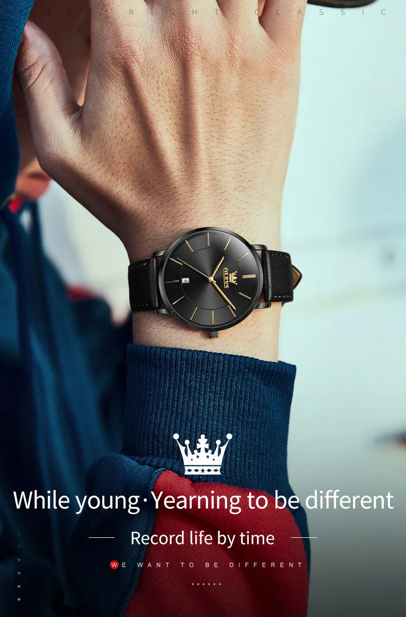 Montre à quartz OLEVS 5869 pour homme, ultra-fine (6,5 mm), minimaliste, étanche, avec date, idéale pour les affaires. Montre-bracelet simple et élégante pour homme.