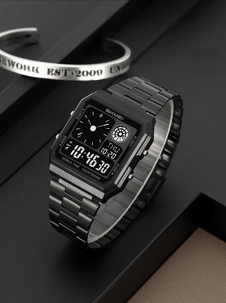 ساعة سكمي الإلكترونية الرقمية العالمية للرجال والنساء مقاومة للماء والرياضات الخارجية بسوار من الفولاذ المقاوم للصدأ ساعات يد للرجال