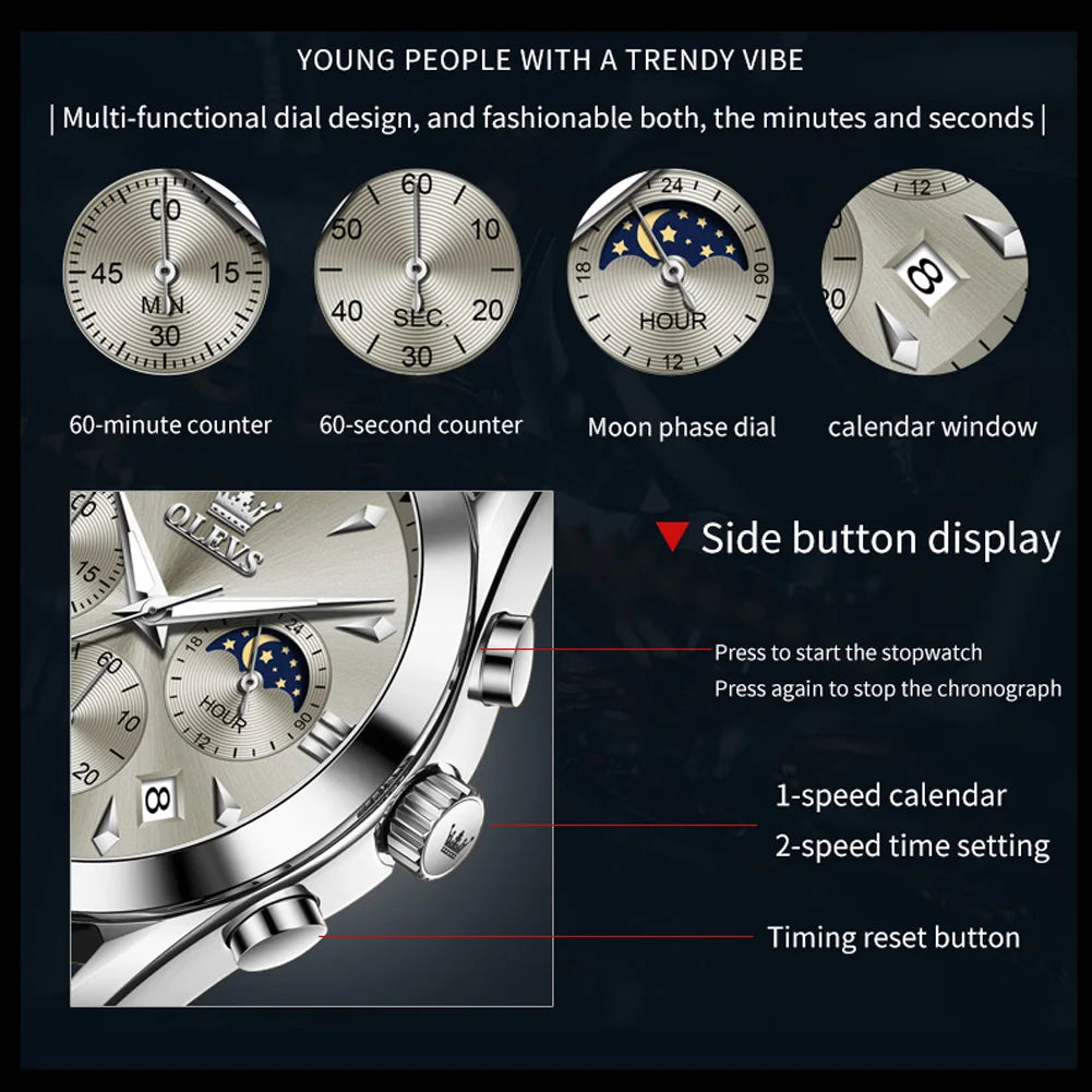 ساعة OLEVS 3609 الأصلية كرونوغراف بمرحلة القمر للرجال بحزام جلدي مقاوم للماء ومضيئة من ماركة فاخرة ساعات معصم كوارتز للرجال