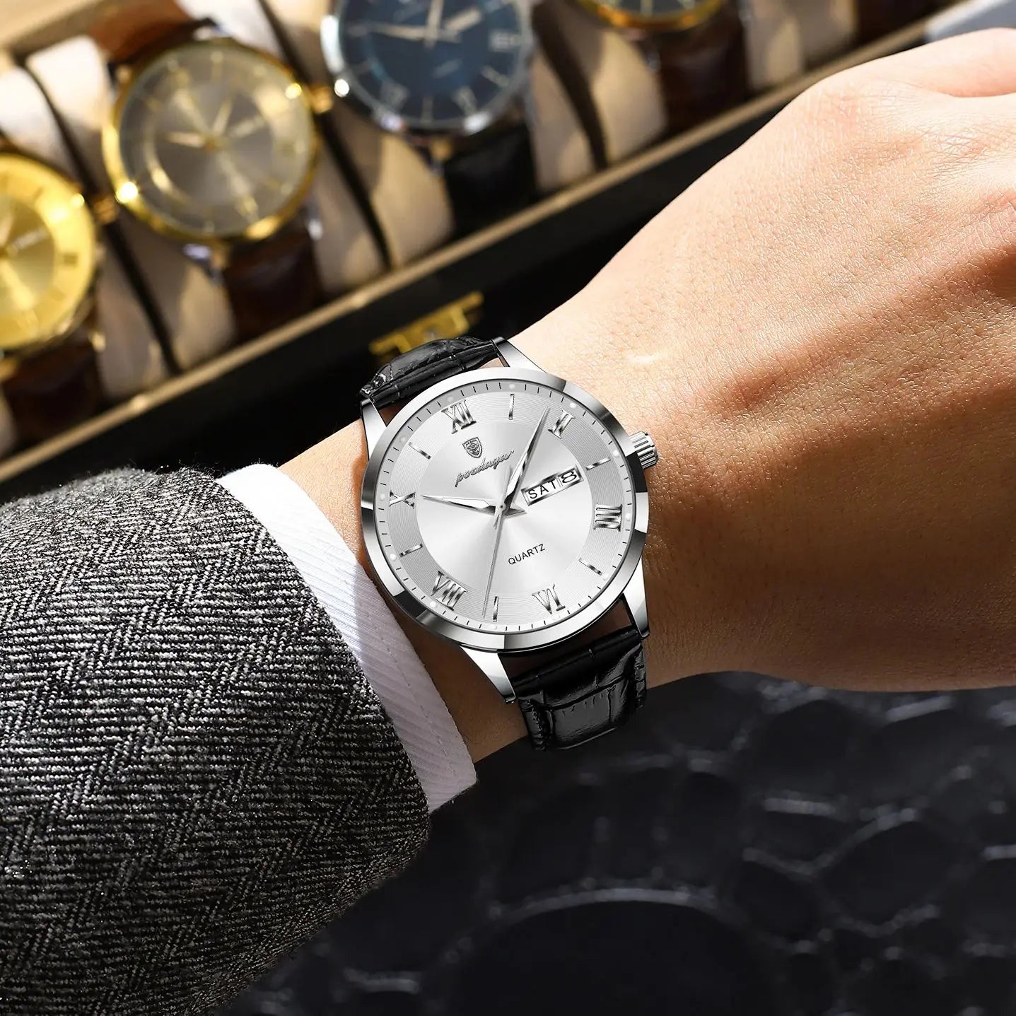 ساعة يد رجالية كلاسيكية فاخرة من POEDAGAR، ساعة رجال أعمال جلدية مقاومة للماء ومضيئة، ساعات كوارتز أنيقة للرجال