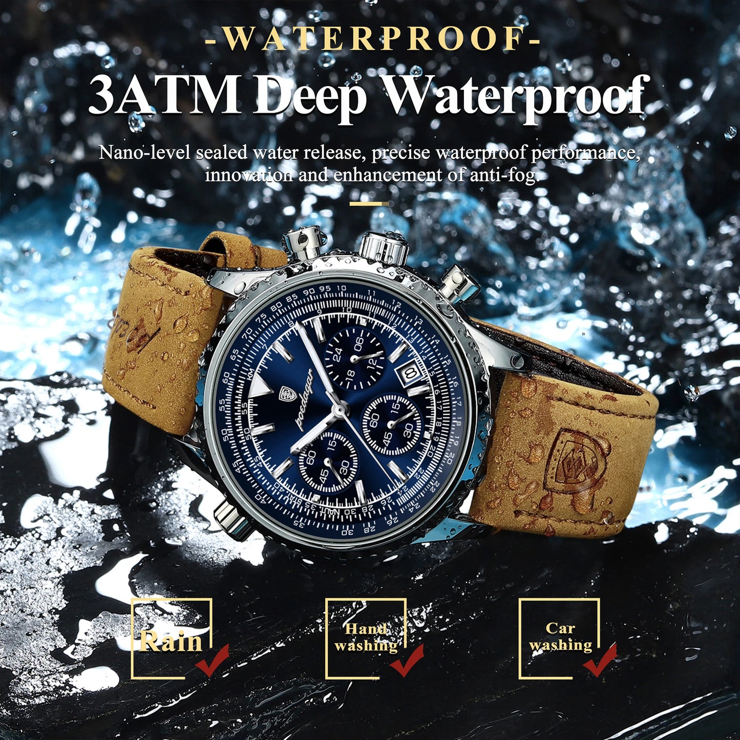 ساعة رجالية فاخرة من ماركة POEDAGAR مقاومة للماء ومضيئة وتاريخ كرونوغراف من الجلد ساعة رجالية كوارتز ساعات عمل أنيقة للرجال