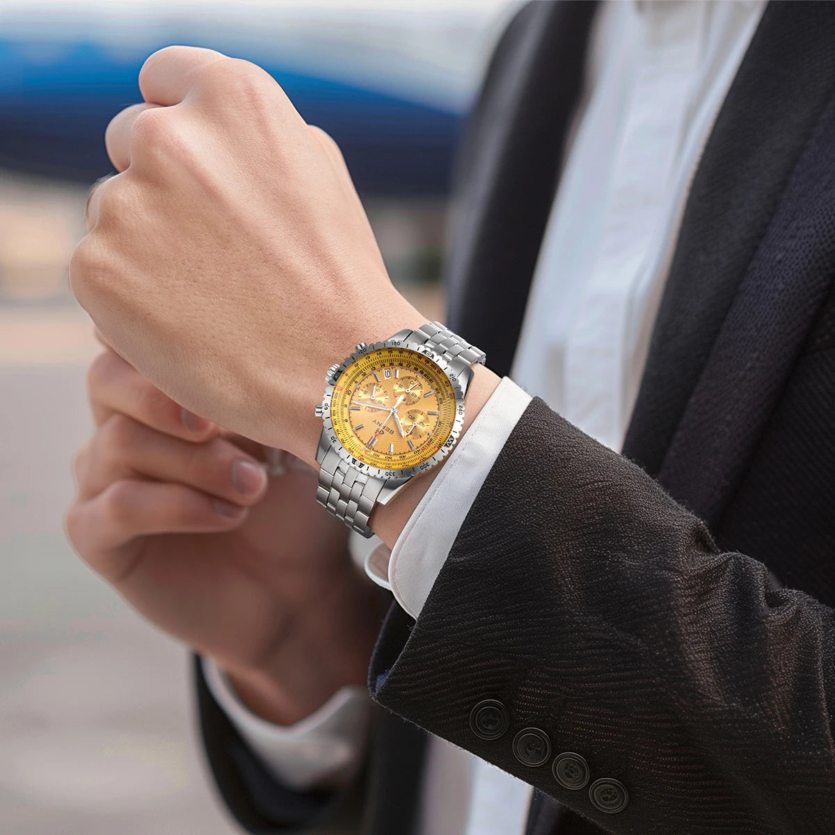 Montre chronographe BERNY pour homme, montre de pilote d'aviation multifonction à quartz avec date, verre saphir et luminescence intense. Montre-bracelet de luxe.