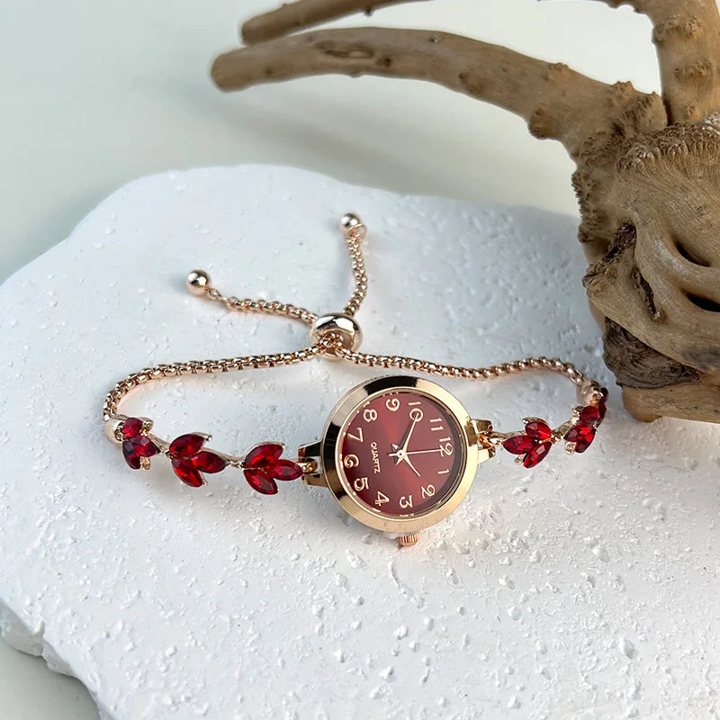 Montre à quartz pour femme - Bracelet en diamant feuille, montre élégante