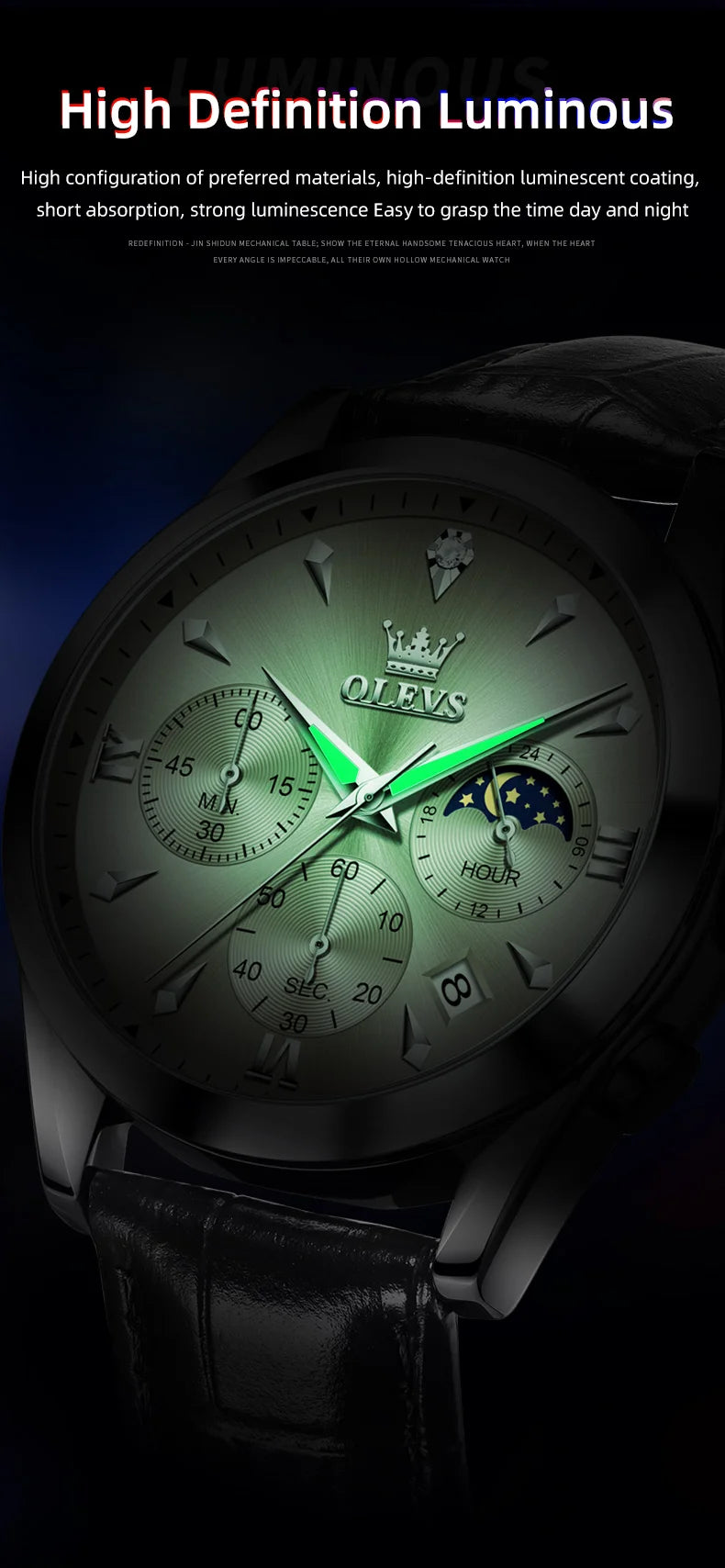 ساعة OLEVS 3609 الأصلية كرونوغراف بمرحلة القمر للرجال بحزام جلدي مقاوم للماء ومضيئة من ماركة فاخرة ساعات معصم كوارتز للرجال