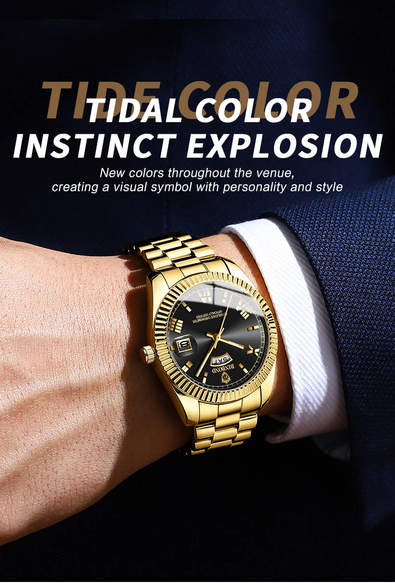 ساعة BINBOND B0733 للرجال فاخرة مقاومة للماء بتقويم مزدوج وإضاءة ليلية من الفولاذ المقاوم للصدأ كوارتز للرجال