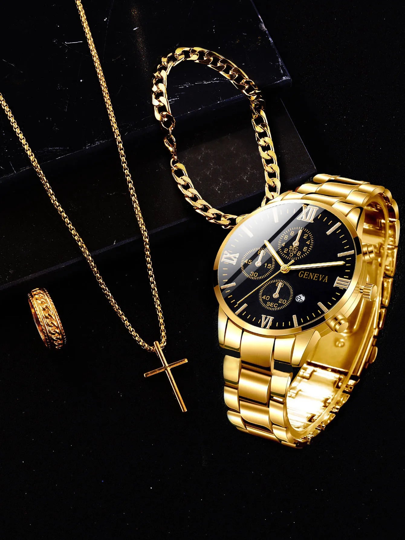 Men's Watch Set - 4pcs Gold Roman Calendar Watch Cross Necklace Bracelet Ring Set