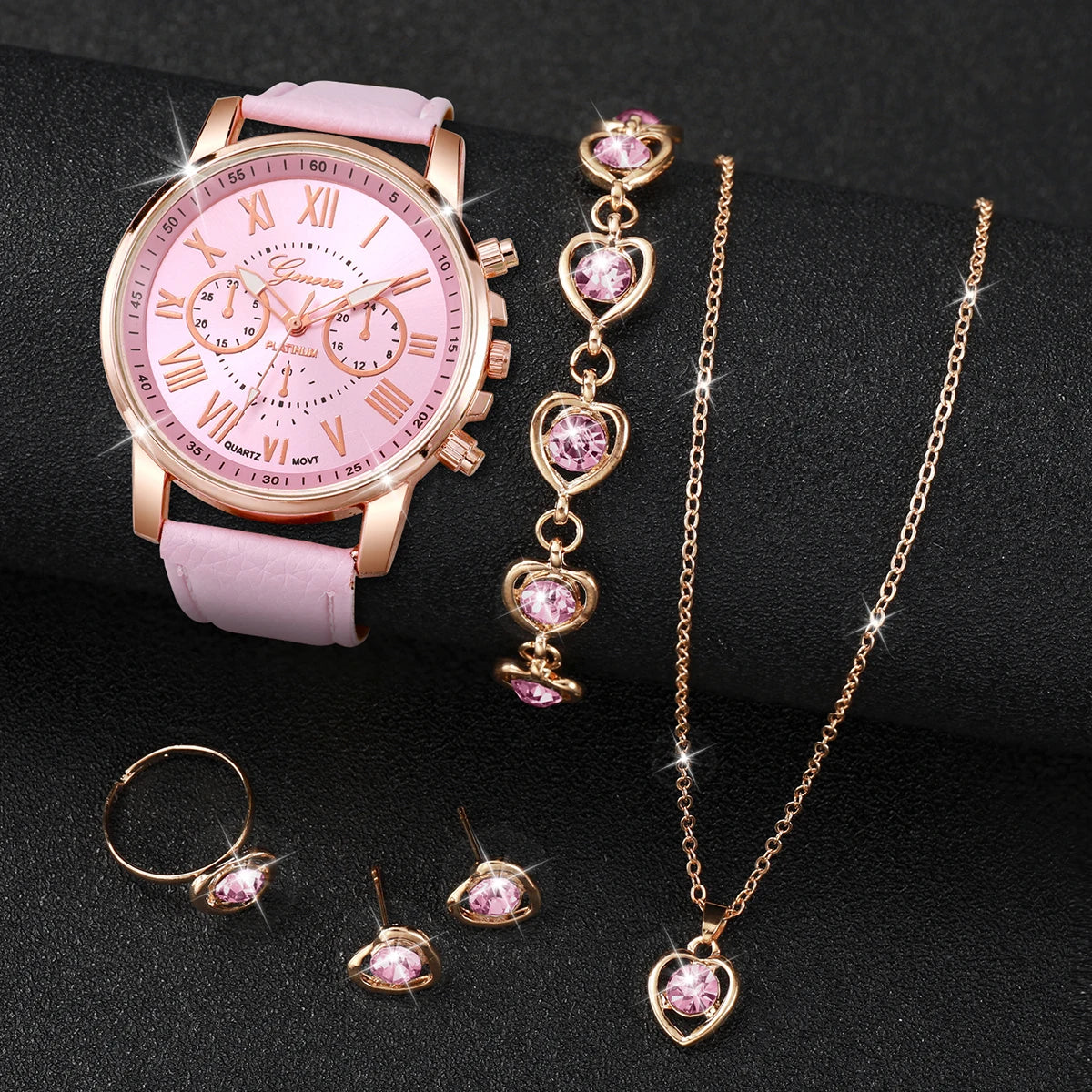 Women's Watch Set - 5/6pcs Heart Rhinestone Leather Band Watches