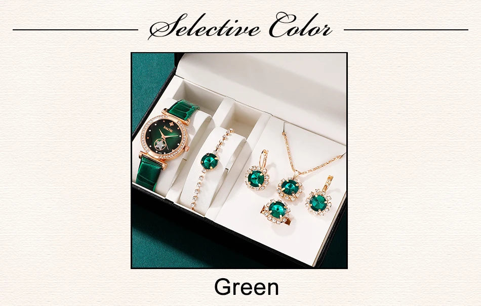 6PCS Set Green Luxury Quartz Watch Women Ring Necklace Earring Rhinestone Fashion Wristwatch Casual Ladies Bracelet Watches