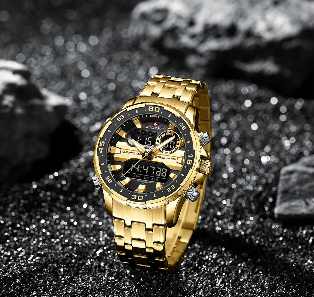 ساعة NAVIFORCE الرياضية الفاخرة للرجال مقاومة للماء وحركة كوارتز كرونوغراف وسوار فولاذي وعرض التاريخ والأسبوع الرقمي