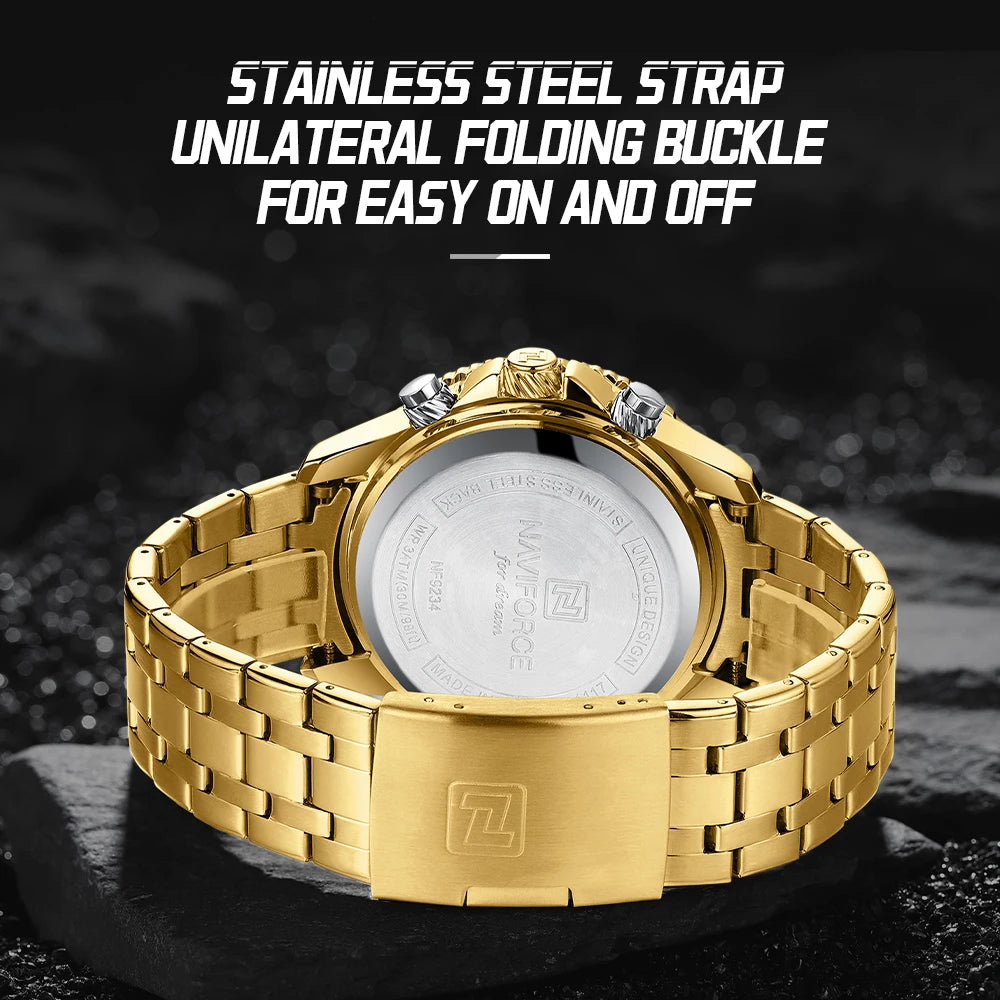 ساعة NAVIFORCE الرياضية الفاخرة للرجال مقاومة للماء وحركة كوارتز كرونوغراف وسوار فولاذي وعرض التاريخ والأسبوع الرقمي