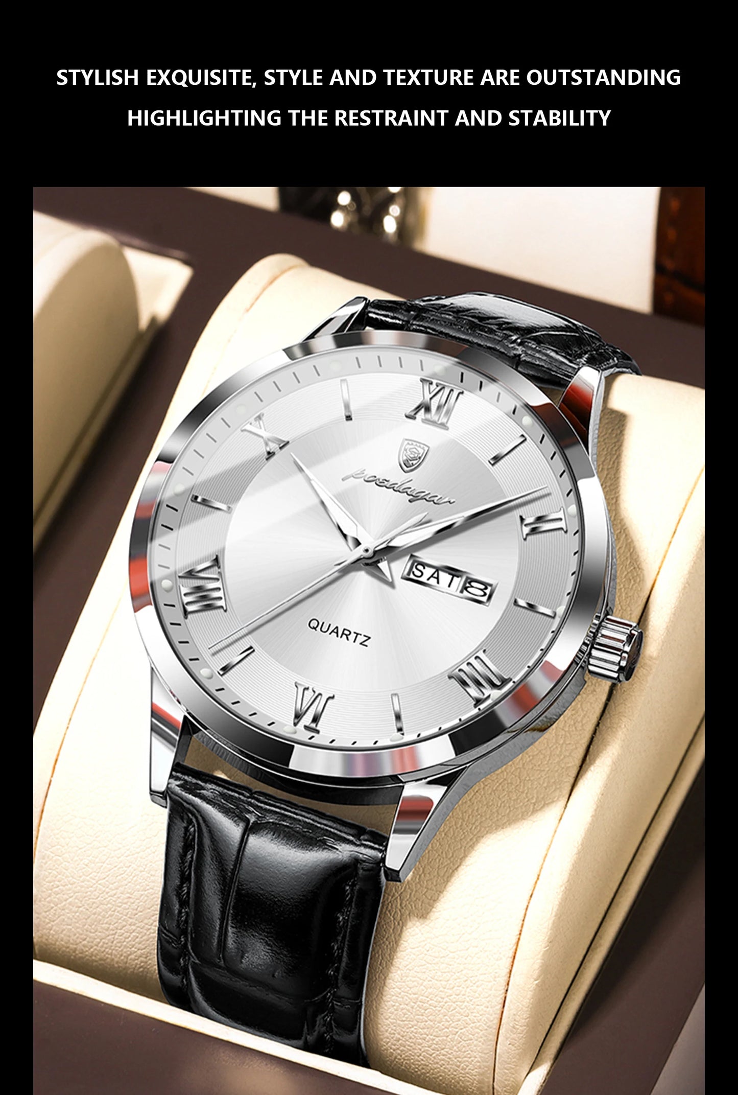 ساعة يد رجالية كلاسيكية فاخرة من POEDAGAR، ساعة رجال أعمال جلدية مقاومة للماء ومضيئة، ساعات كوارتز أنيقة للرجال