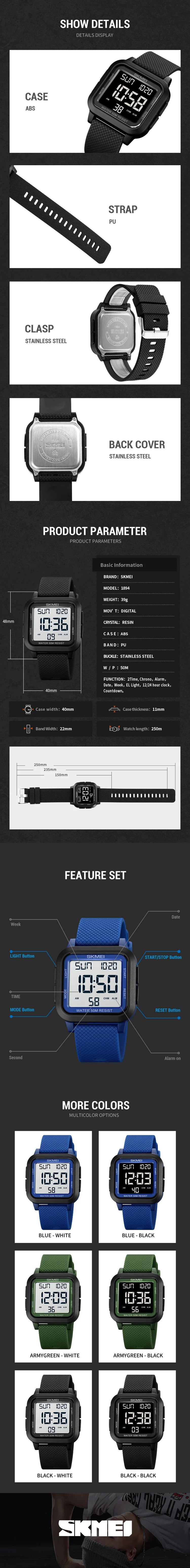 Montre de sport outdoor SKMEI pour homme, alarme, chronographe, étanche 5 bar, style militaire, affichage LED, résistante aux chocs, montre numérique, reloj hombre