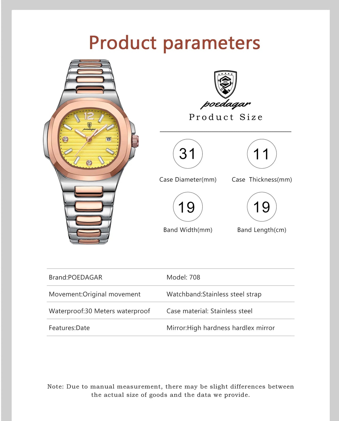 ساعة POEDAGAR النسائية - ساعة مربعة فاخرة مقاومة للماء ومضيئة
