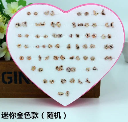 مجموعة أقراط صغيرة مرصعة بالألماس - 36 زوجًا من أقراط القطة والفراشة اللطيفة على شكل ندفة ثلج