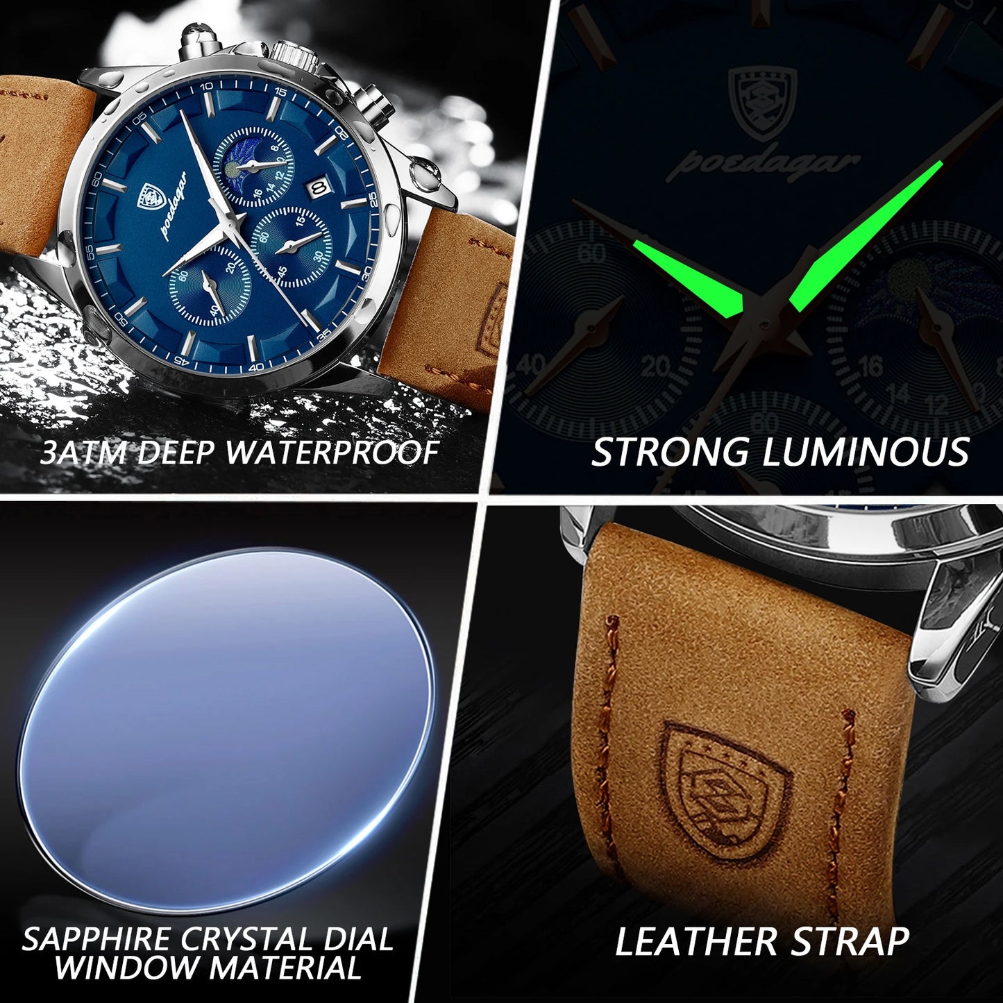 ساعة يد رجالية فاخرة من POEDAGAR مقاومة للماء كرونوغراف مضيئة مع تاريخ للرجال ساعة جلدية رياضية عسكرية كوارتز ساعات رجالية Reloj