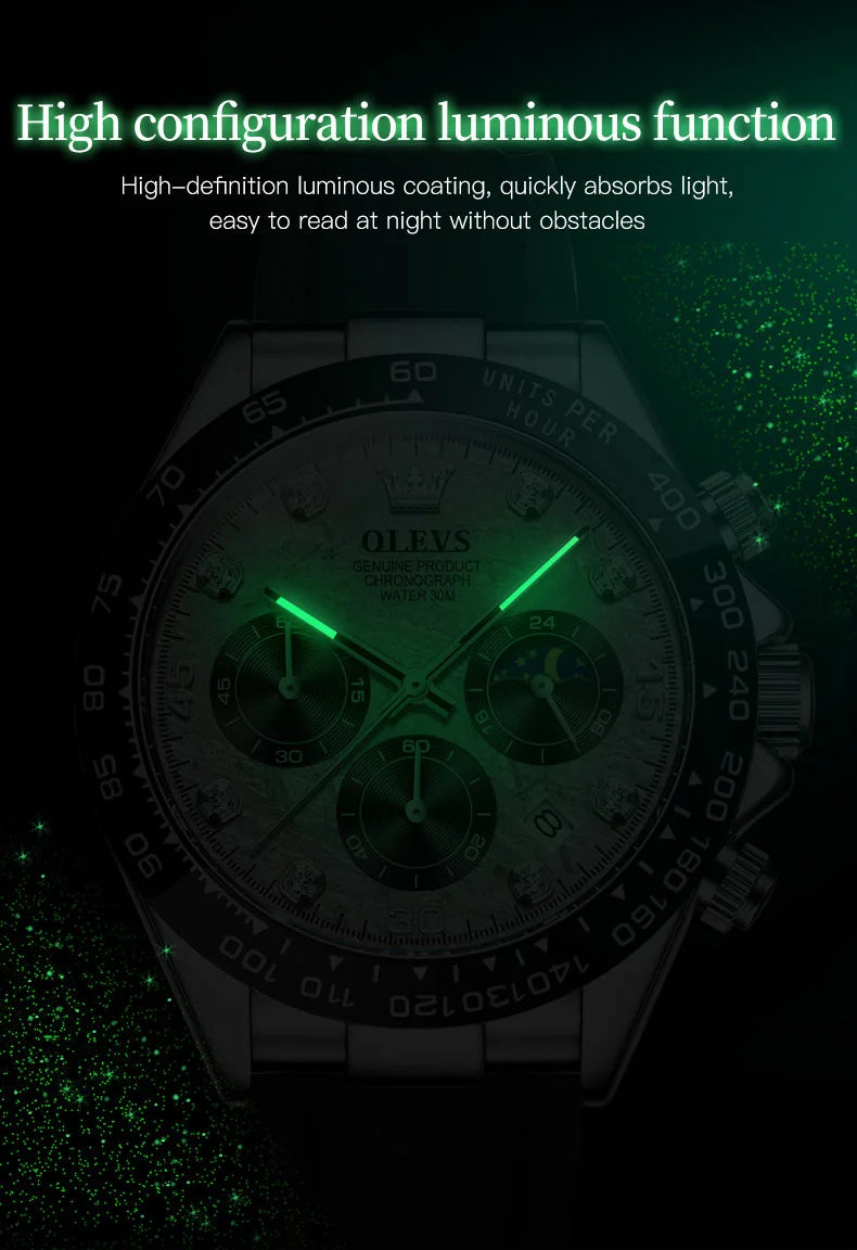 ساعة كوارتز فاخرة للرجال من OLEVS 2875 مقاومة للماء وتقويم رياضي ومؤقت ومضادة للصدمات ومضيئة للرجال