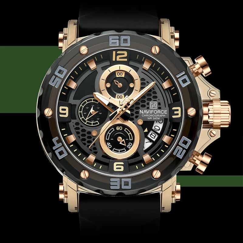 ساعة NAVIFORCE للرجال كوارتز عصرية مقاومة للماء حتى 5ATM ساعات رجالية كرونوغراف عقارب مضيئة حزام سيليكون خفيف الوزن