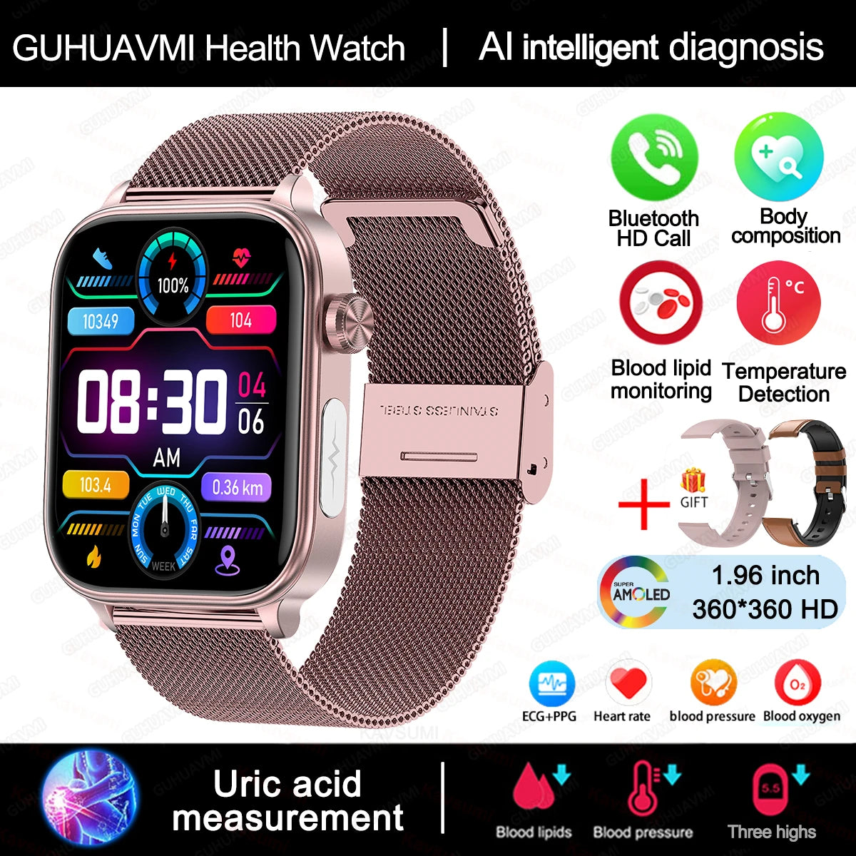 Smart Watch 2025 - ECG+PPG Blood Pressure Blood Lipid Uric Acid Menstrual Tracker