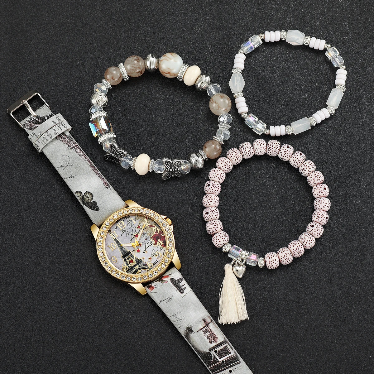 Women's Watch Set - 3/4/5pcs Rhinestone Flower Leather Band Watches