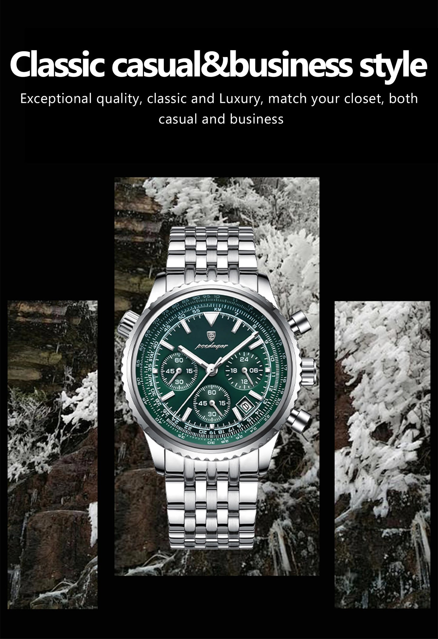 Montre-bracelet POEDAGAR pour homme, étanche, lumineuse, avec date et chronographe, de luxe, à quartz, en acier inoxydable.