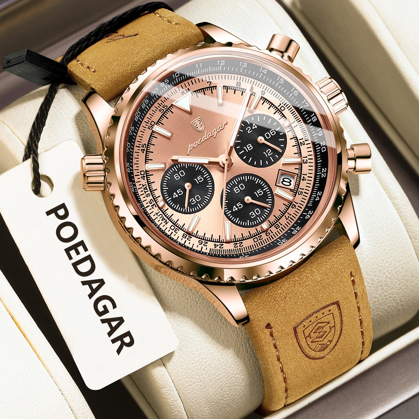 ساعة رجالية فاخرة من ماركة POEDAGAR مقاومة للماء ومضيئة وتاريخ كرونوغراف من الجلد ساعة رجالية كوارتز ساعات عمل أنيقة للرجال