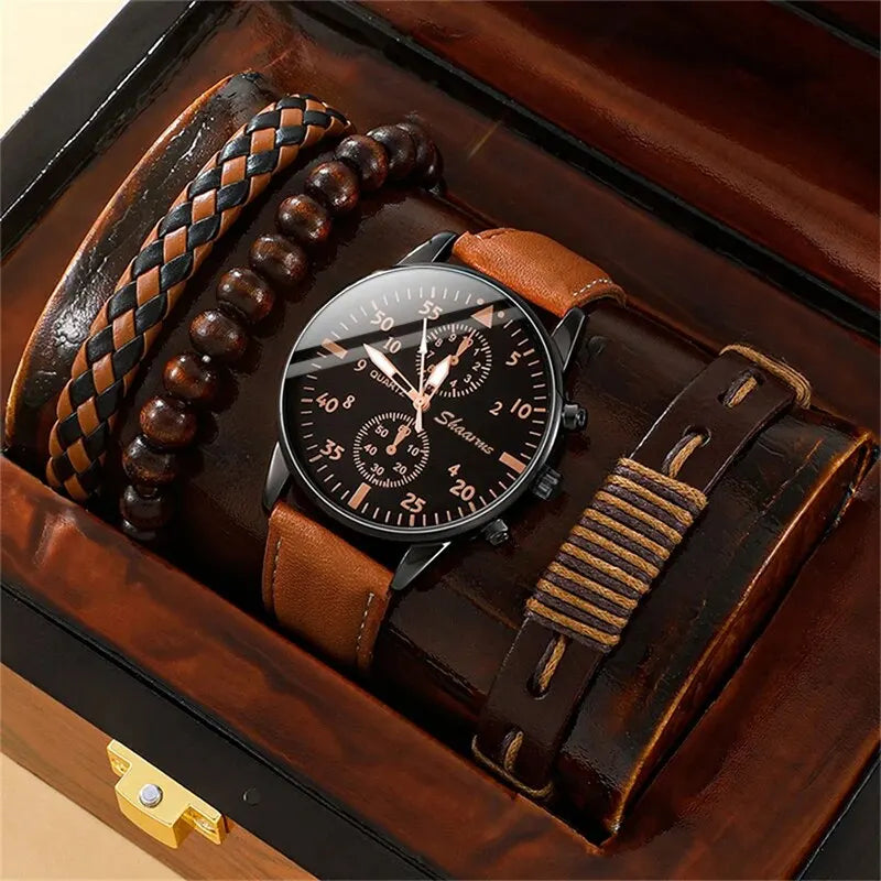 Men's Watch Set - Luxury Bracelet Brown Leather Quartz Watch Gift Set