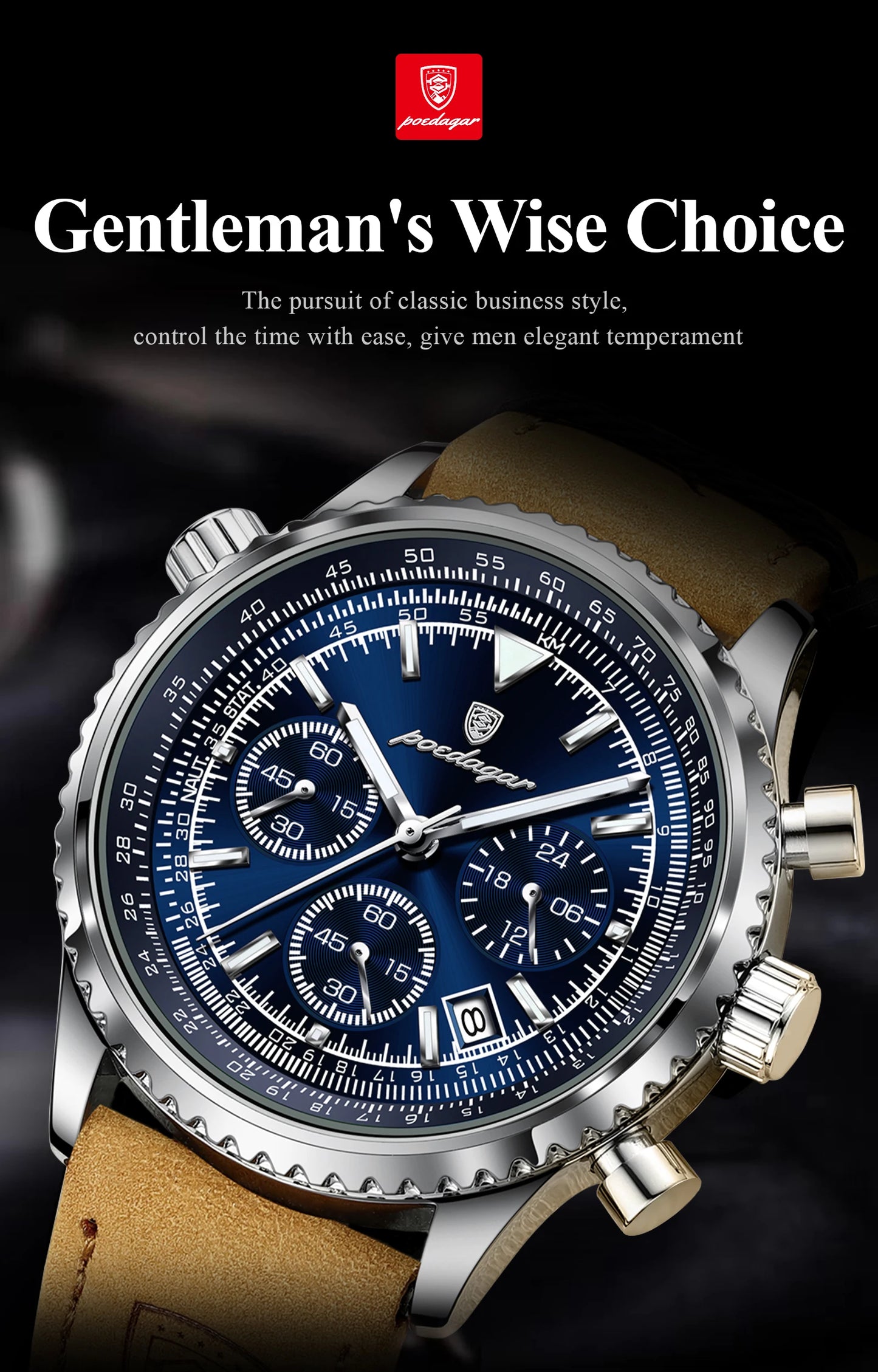 ساعة رجالية فاخرة من ماركة POEDAGAR مقاومة للماء ومضيئة وتاريخ كرونوغراف من الجلد ساعة رجالية كوارتز ساعات عمل أنيقة للرجال