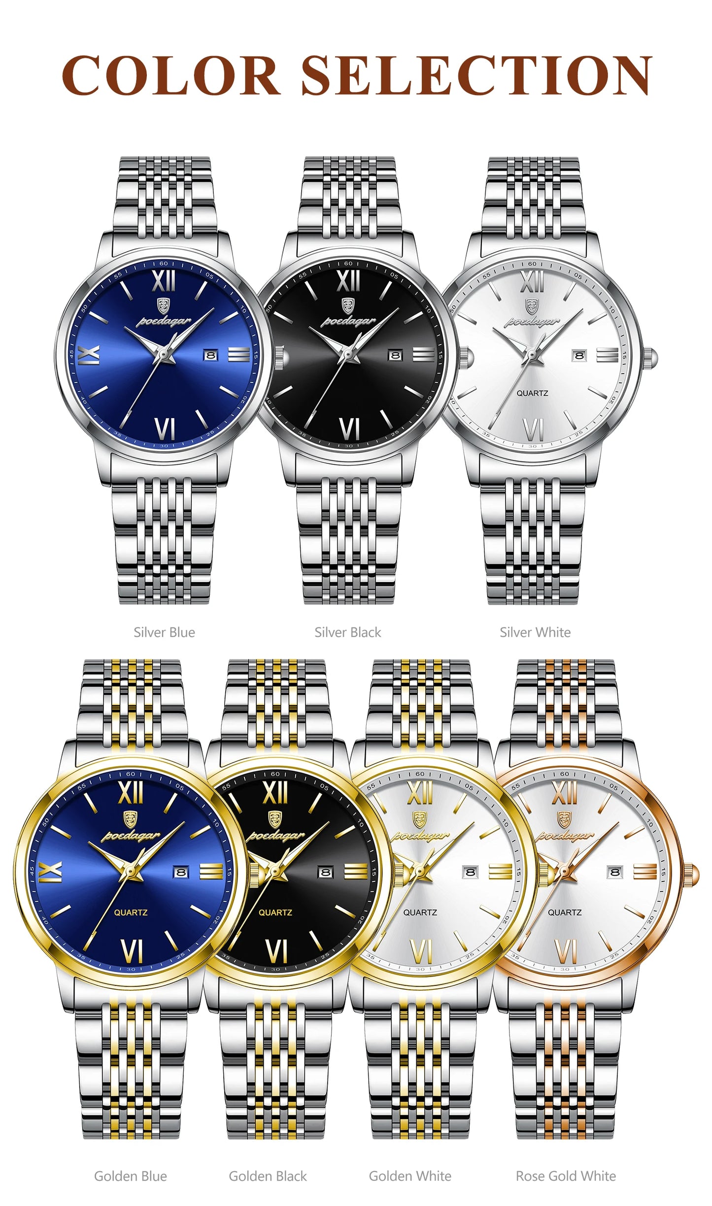 ساعة POEDAGAR النسائية - ساعة فولاذية فاخرة مقاومة للماء ومضيئة