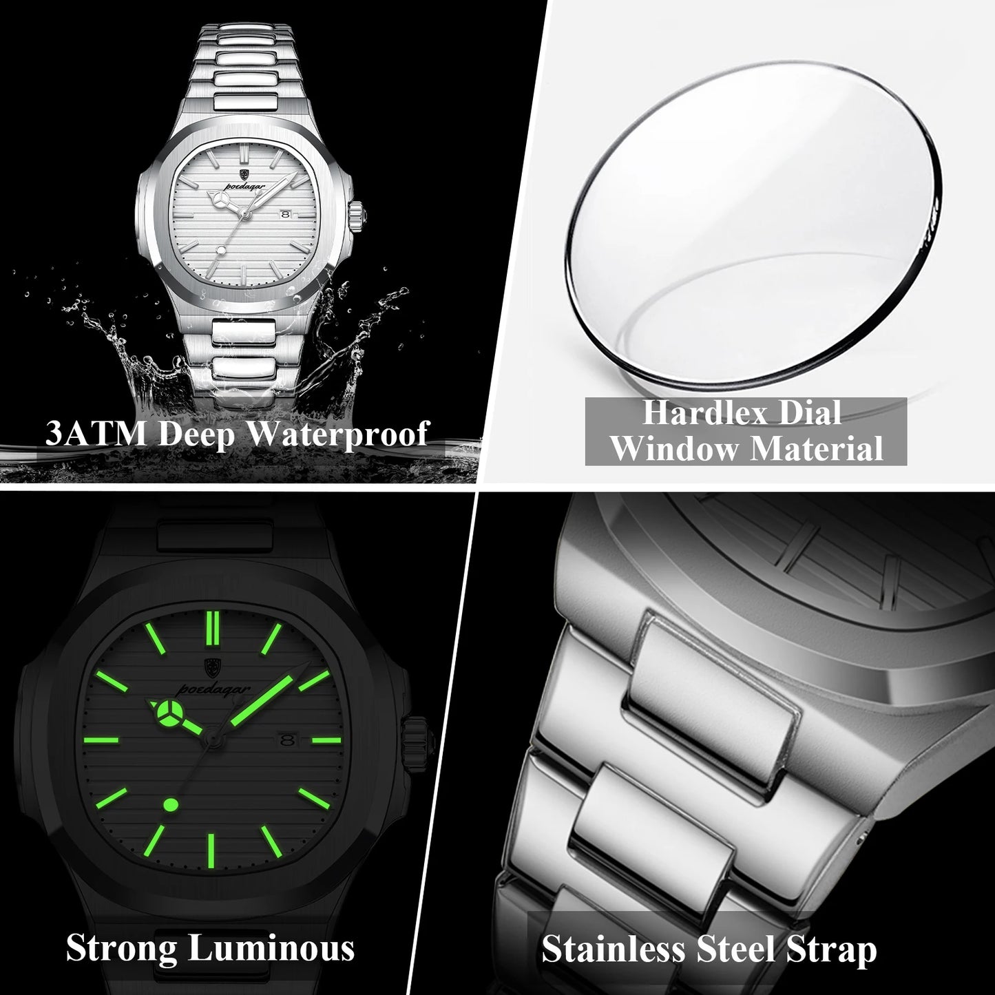 ساعة POEDAGAR النسائية - ساعة كوارتز فولاذية مضيئة مقاومة للماء