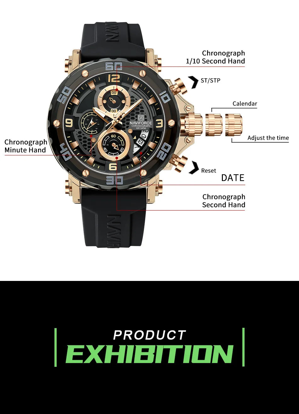 ساعة NAVIFORCE للرجال كوارتز عصرية مقاومة للماء حتى 5ATM ساعات رجالية كرونوغراف عقارب مضيئة حزام سيليكون خفيف الوزن