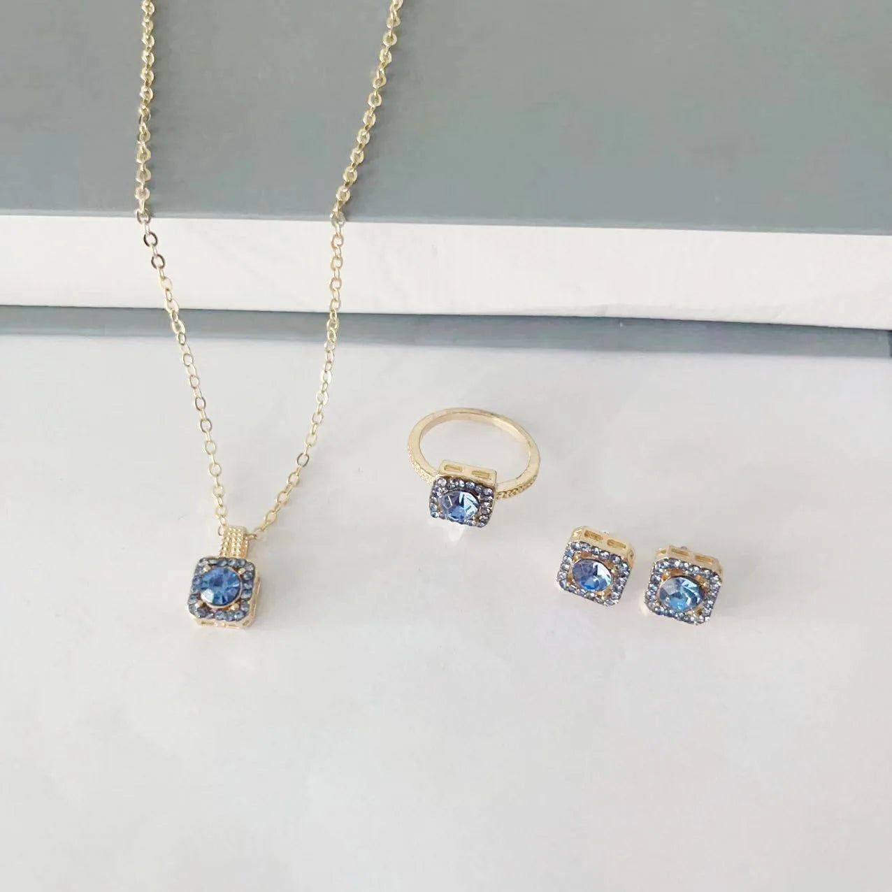 Jewelry Set - Luxury Cube Necklace Earrings Ring Valentine's Gift Set