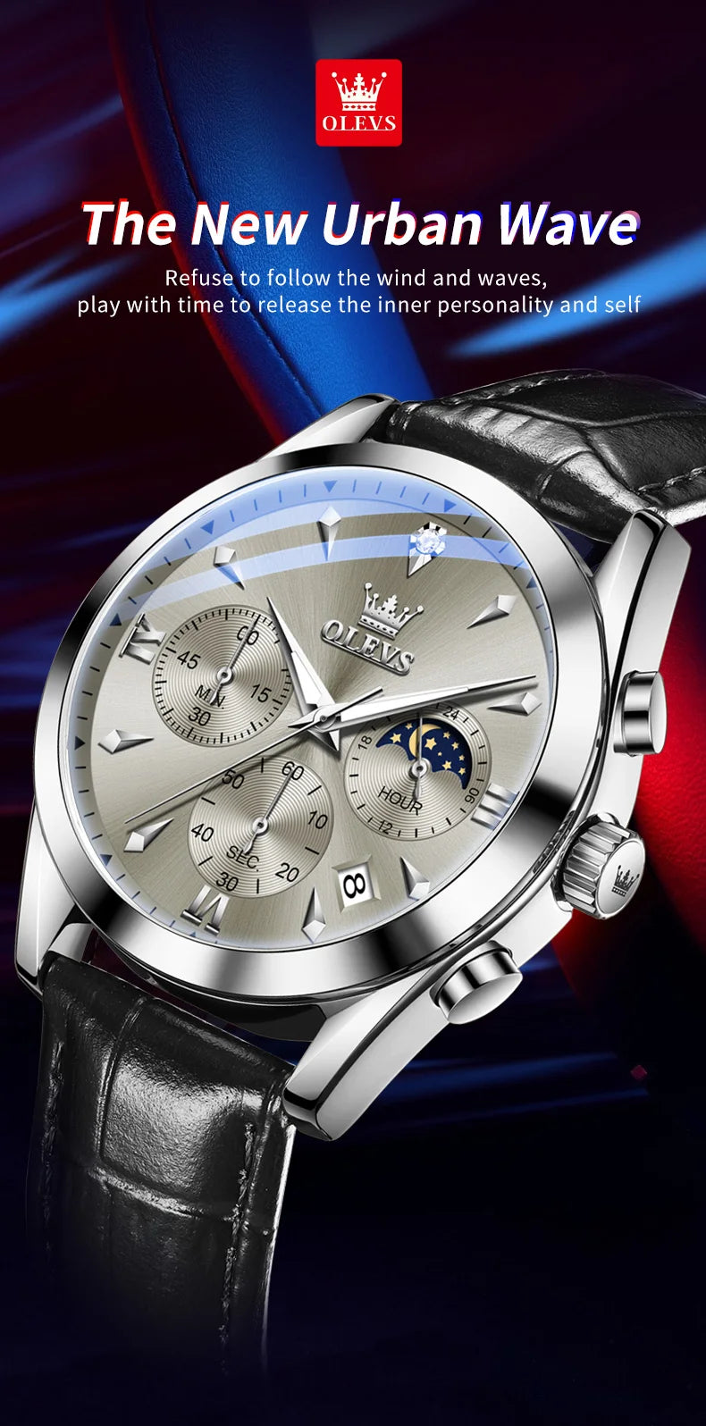 ساعة OLEVS 3609 الأصلية كرونوغراف بمرحلة القمر للرجال بحزام جلدي مقاوم للماء ومضيئة من ماركة فاخرة ساعات معصم كوارتز للرجال
