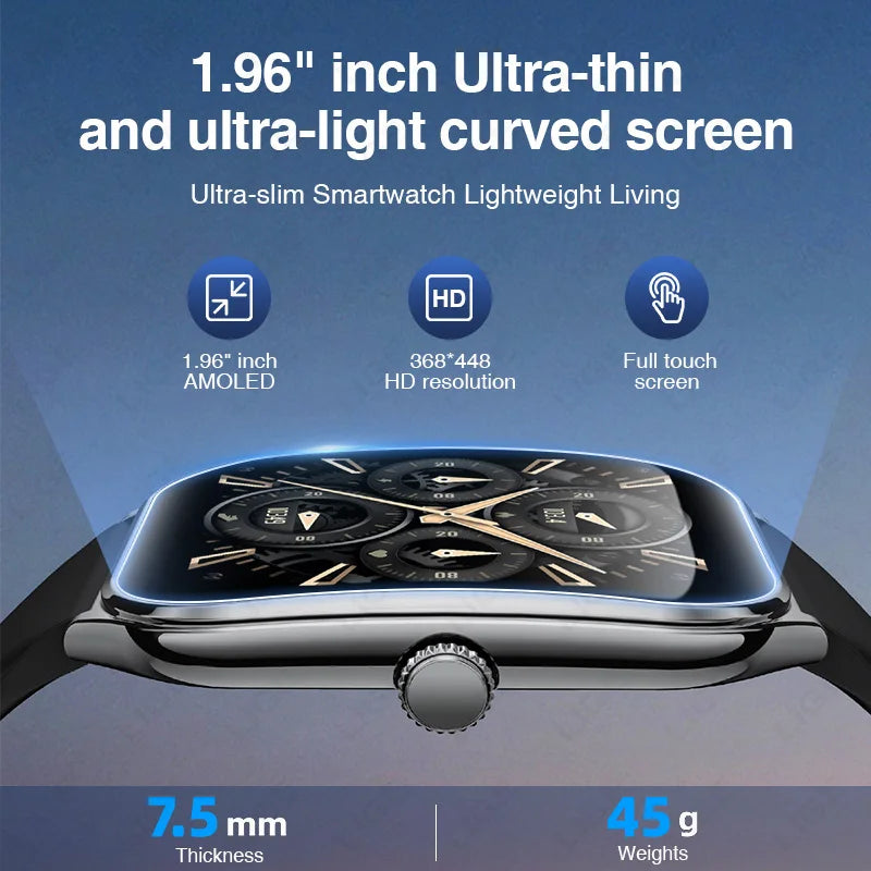 LIGE Ultra Thin Smart Watch - 1.96" AMOLED Curved Display BT Call Heart Rate