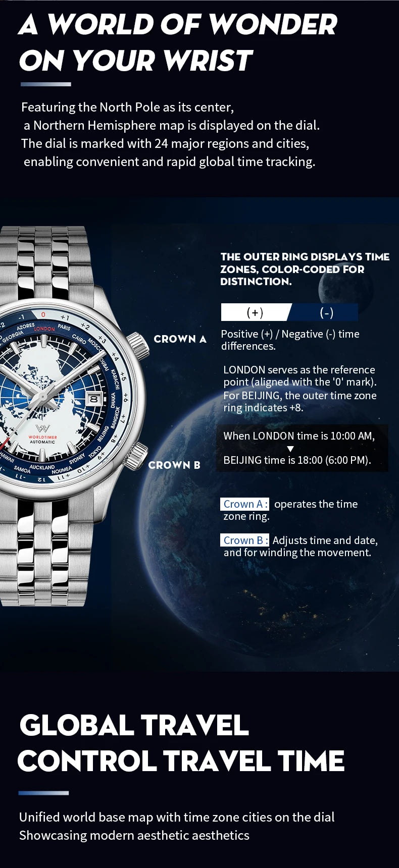 Montre WM automatique mécanique pour homme, haute qualité, verre saphir, heure mondiale, marque originale reconnue Welly Merck, référence WM057