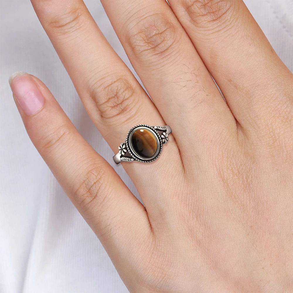 خاتم عين النمر - خاتم إصبع السبابة من الفضة 925 بتصميم زهرة عتيقة