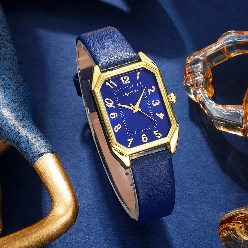 Montre carrée pour femme - Montre-bracelet à quartz avec bracelet en cuir bleu de luxe