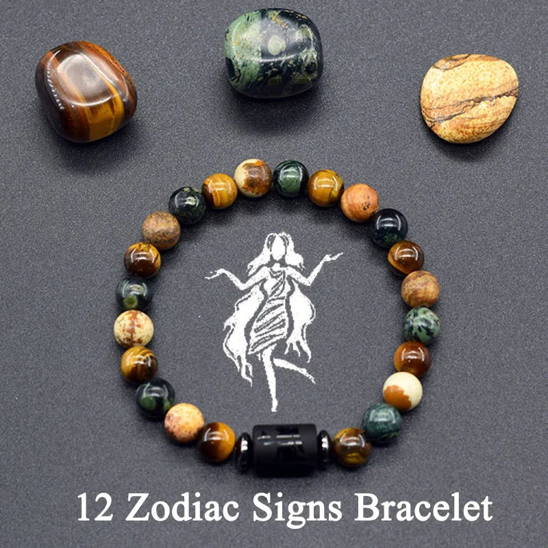 Bracelet Zodiaque - 12 Signes du zodiaque - Pierre Œil de Tigre Naturelle