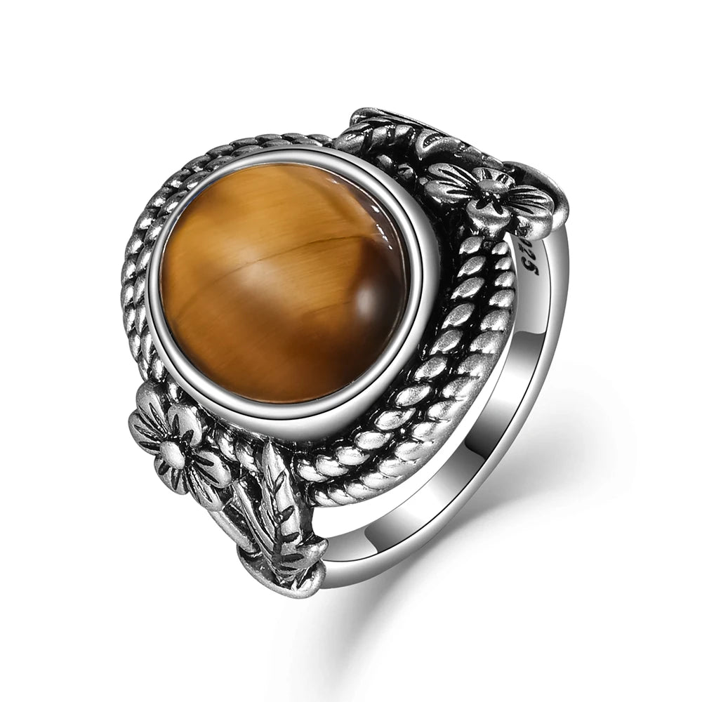 خاتم عين النمر - خاتم إصبع السبابة من الفضة 925 بتصميم زهرة عتيقة