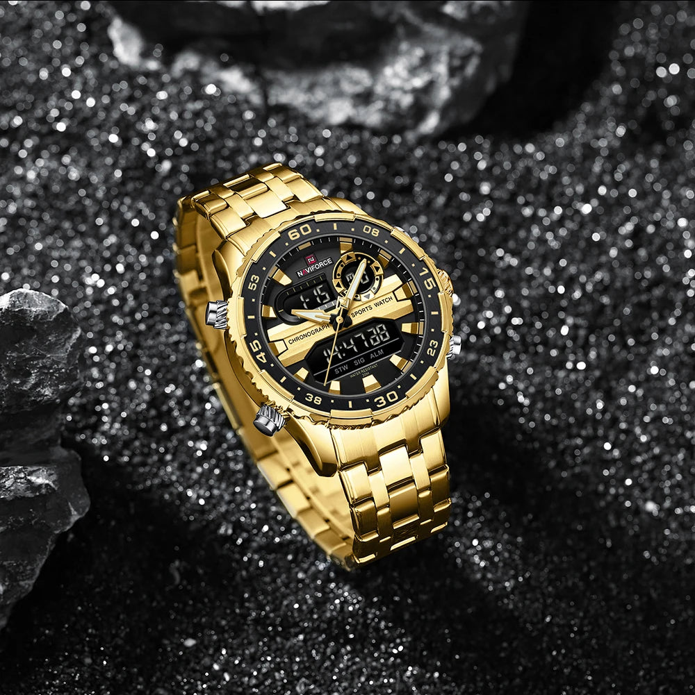 ساعة NAVIFORCE الرياضية الفاخرة للرجال مقاومة للماء وحركة كوارتز كرونوغراف وسوار فولاذي وعرض التاريخ والأسبوع الرقمي