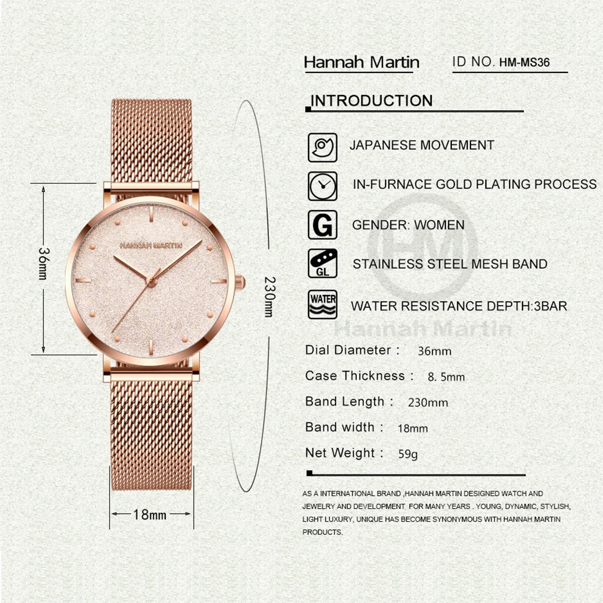 Montre femme Hannah Martin 2025 - Montre de luxe à cadran mat et bracelet en maille