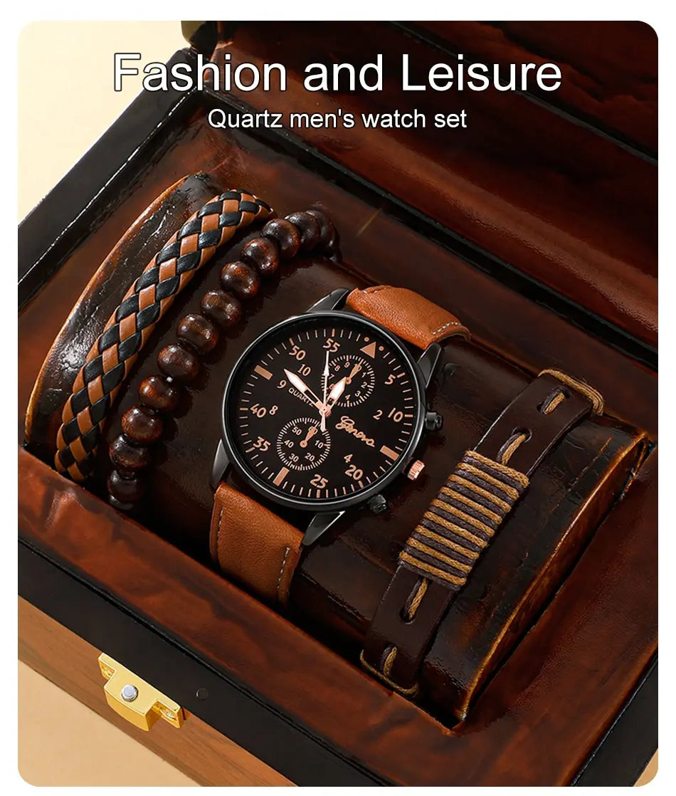 Men's Watch Set - Luxury Bracelet Brown Leather Quartz Watch Gift Set