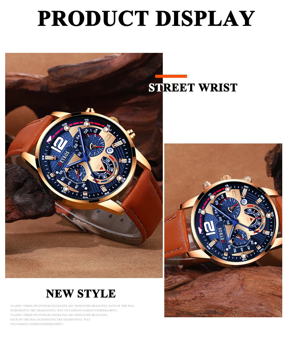 Men's Watch Set - 2pcs Business Calendar Leather Quartz Watch