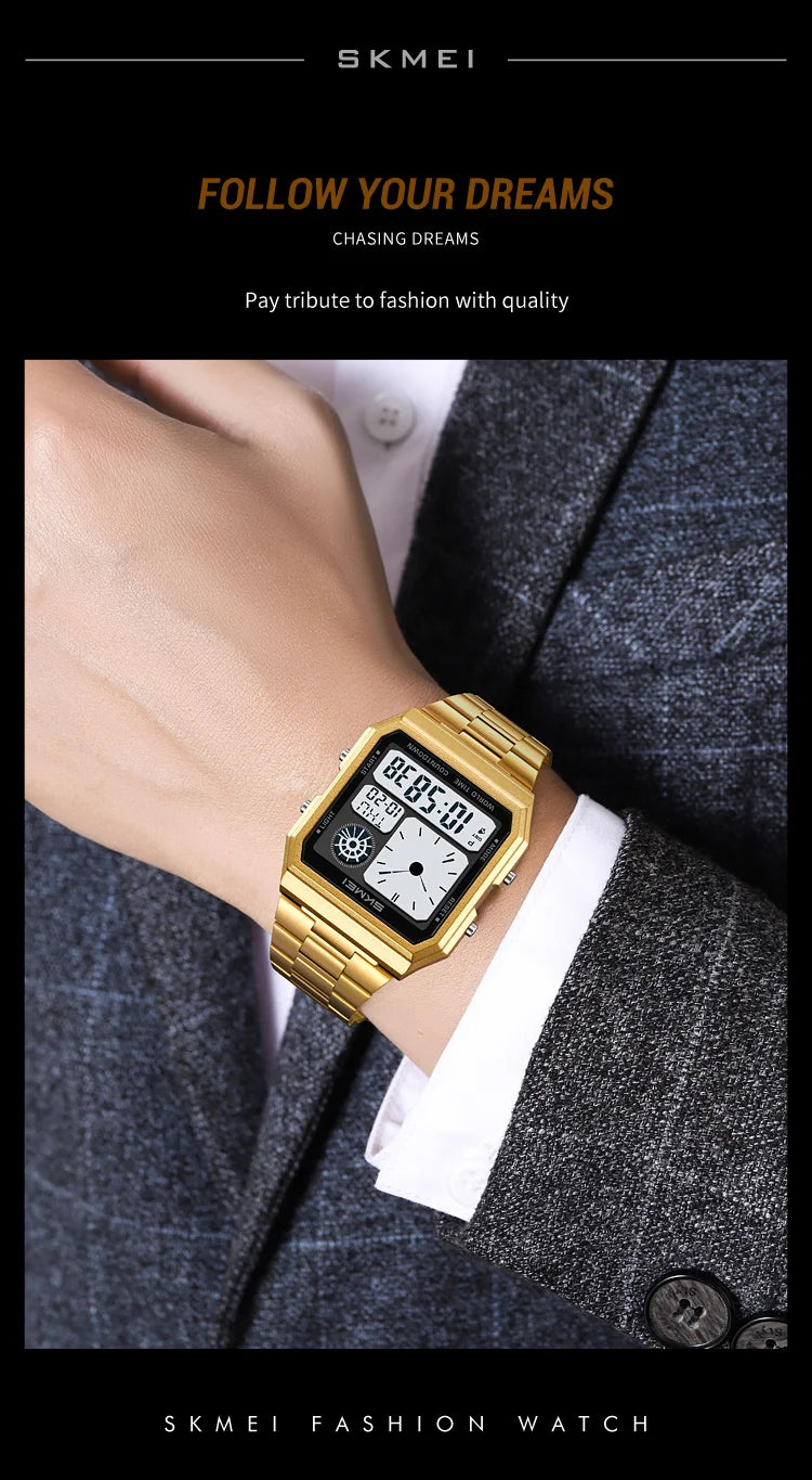 ساعة سكمي الإلكترونية الرقمية العالمية للرجال والنساء مقاومة للماء والرياضات الخارجية بسوار من الفولاذ المقاوم للصدأ ساعات يد للرجال