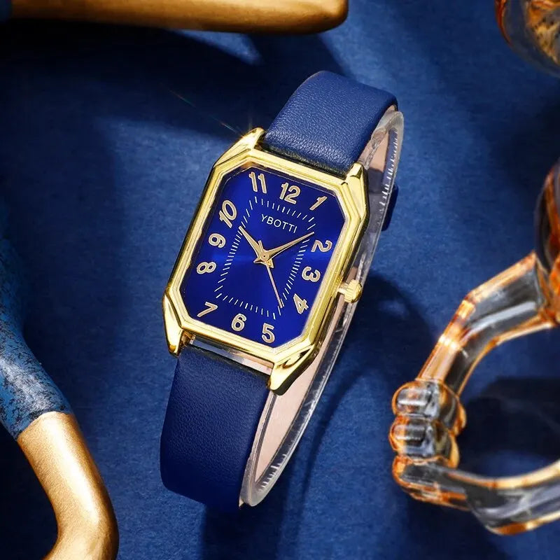 Montre carrée pour femme - Montre-bracelet à quartz avec bracelet en cuir bleu de luxe