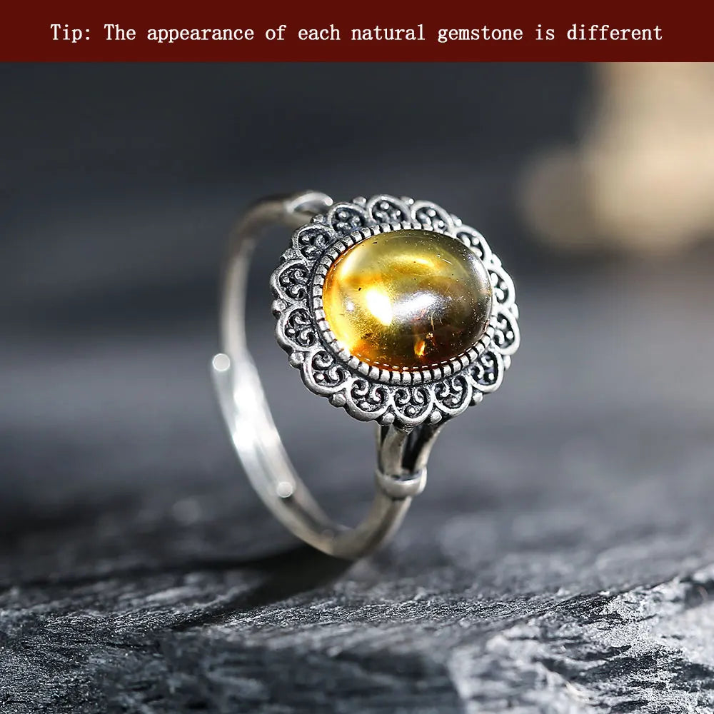 خاتم كهرمان عتيق - خاتم من الفضة الإسترلينية عيار 925 مرصع بحجر طبيعي