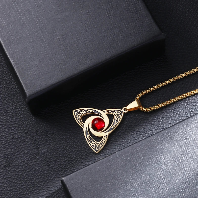 Celtic Trinity Knot Necklace - Irish Red Zircon Stainless Steel Pendant
