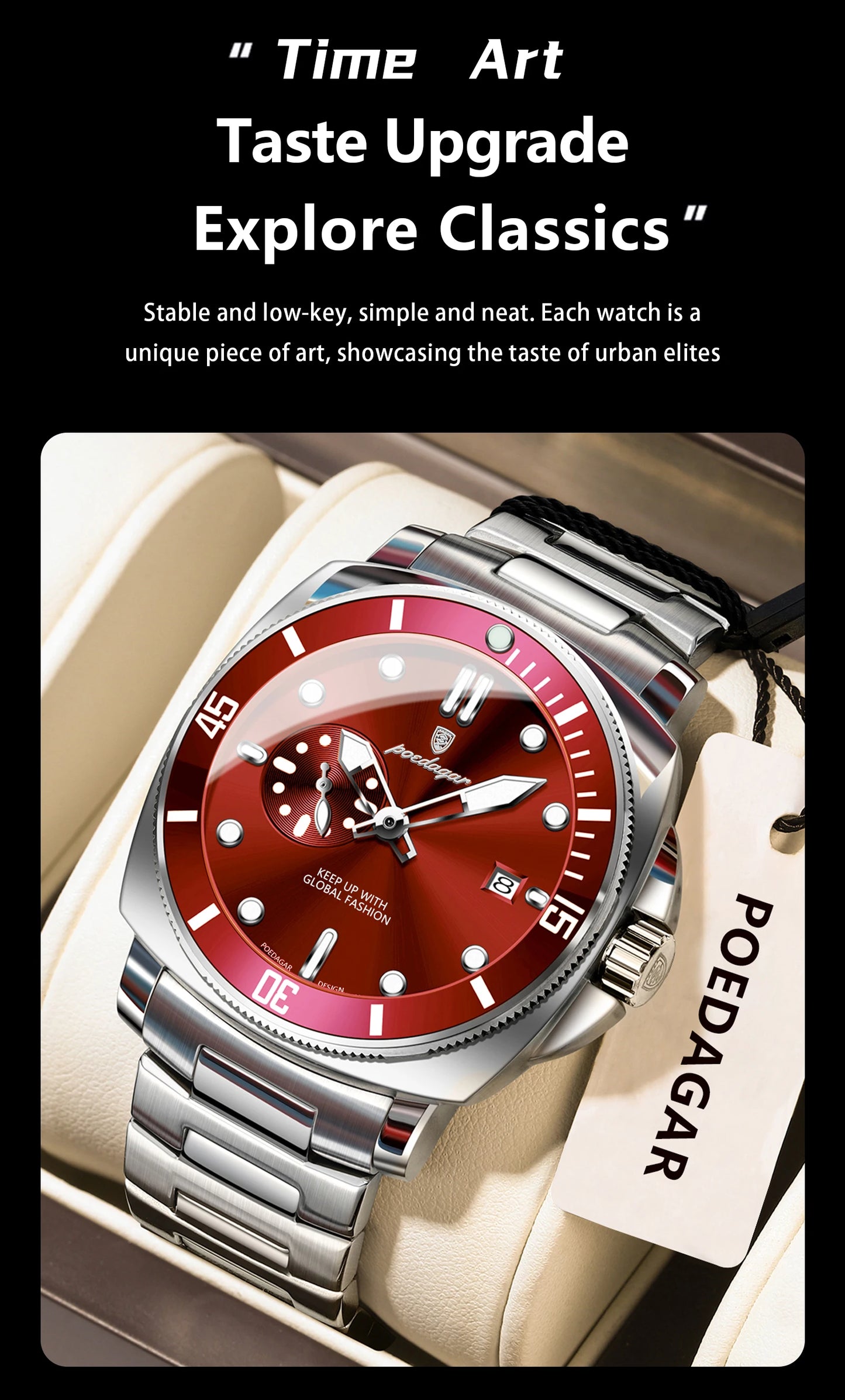 Montre-bracelet de luxe pour homme POEDAGAR, étanche, lumineuse, date, en acier inoxydable, à quartz, pour le sport et les affaires.